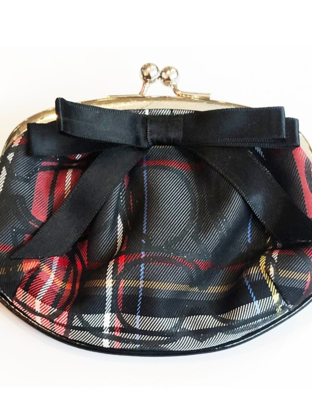 COACH Tartan Plaid Sparkle Kiss Lock Coin Purse Wallet w/ Black Bow Tie